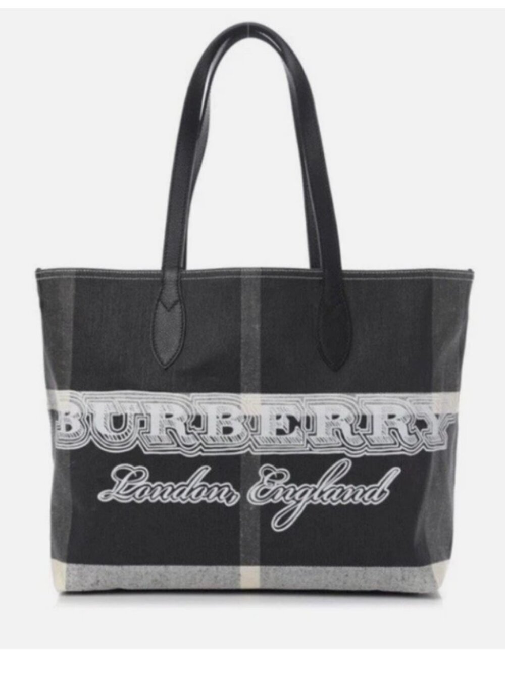 BURBERRY England Coated Canvas Reversible Doodle Tote Bag Black/Cream Check EUC